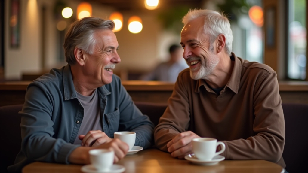 Mature players smiling and conversing during game session break, relaxed social atmosphere