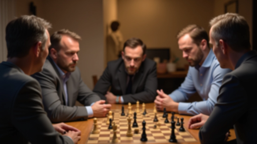 Group of adults playing board games around a wooden table with chess pieces and game boards visible