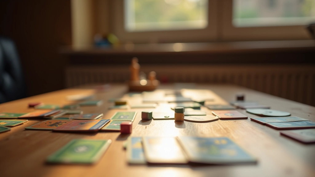 Table setup with multiple strategy board games including cards, dice, and game boards laid out