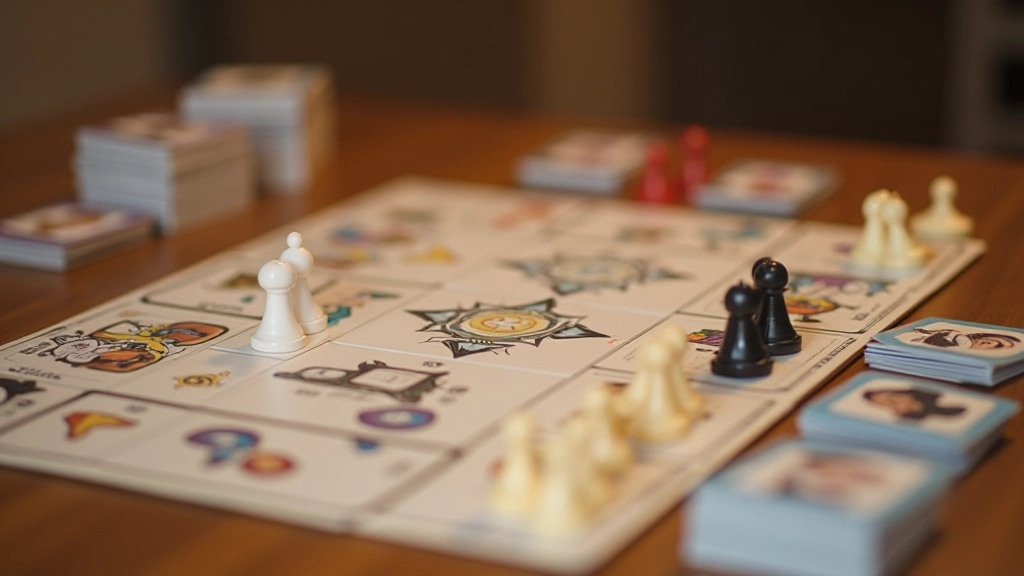 Table with puzzle components, game rules, and player materials laid out for a cooperative game session