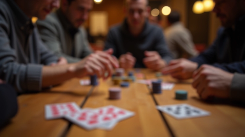 Playing cards fanned out on table with chip stacks in a card game league setting