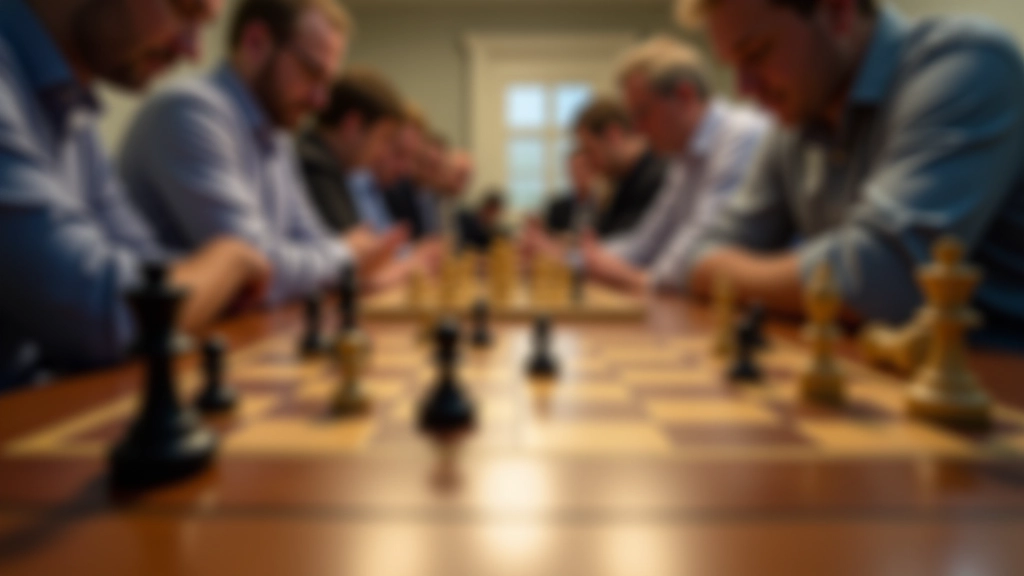 Close-up of chess pieces arranged on a board during tournament play with players in background