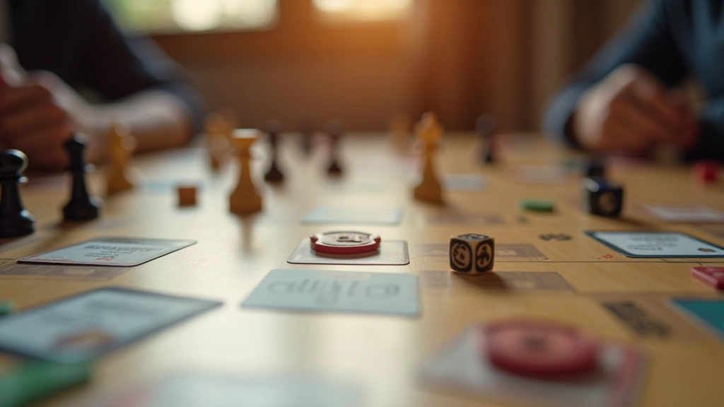 Detailed close-up of board game components including colorful game pieces, resource cards, and game board showing strategic positioning