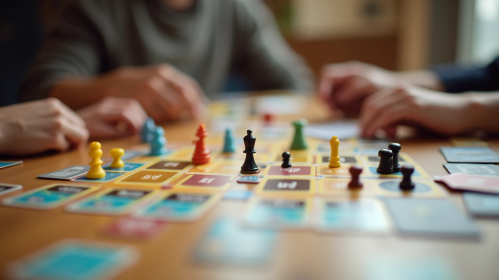 Close-up of game board setup with puzzle pieces, cards, and player aids arranged for a cooperative game session