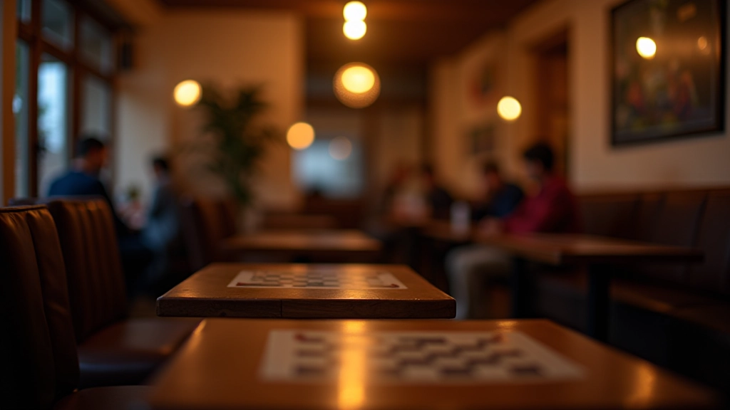 Interior view of game venue with tables set up for cooperative play, warm lighting, comfortable seating arrangement