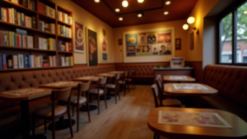 Mature players gathered in cozy game cafe setting with warm lighting and board games displayed on shelves