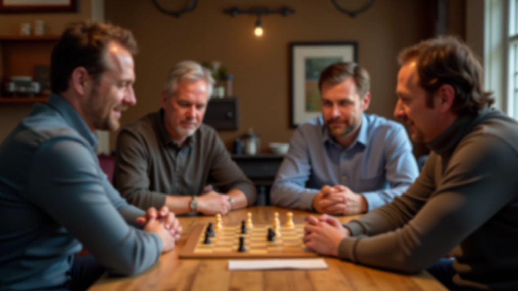 Group of mature players sitting around a table with game board, focused on solving a cooperative puzzle challenge together