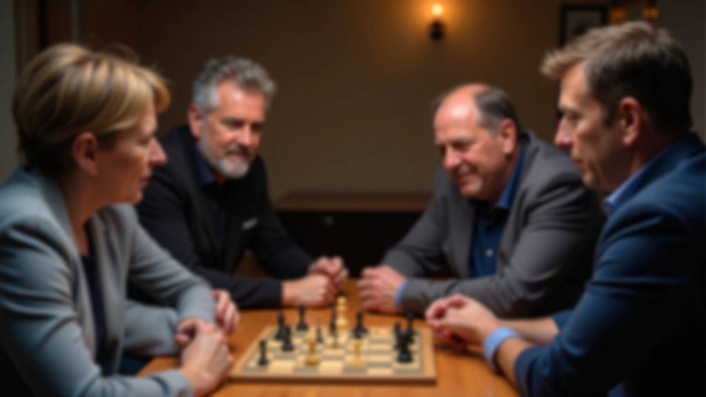 Group of mature adults seated around a table playing strategy board game with focused concentration
