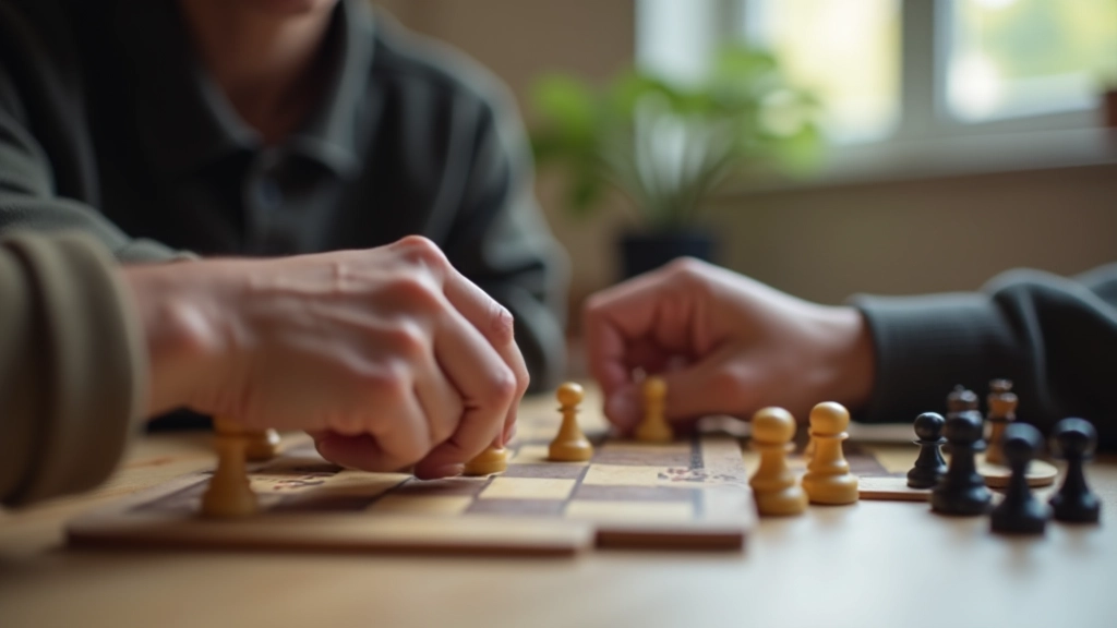 Hands of players working together on a cooperative puzzle game with colorful game pieces