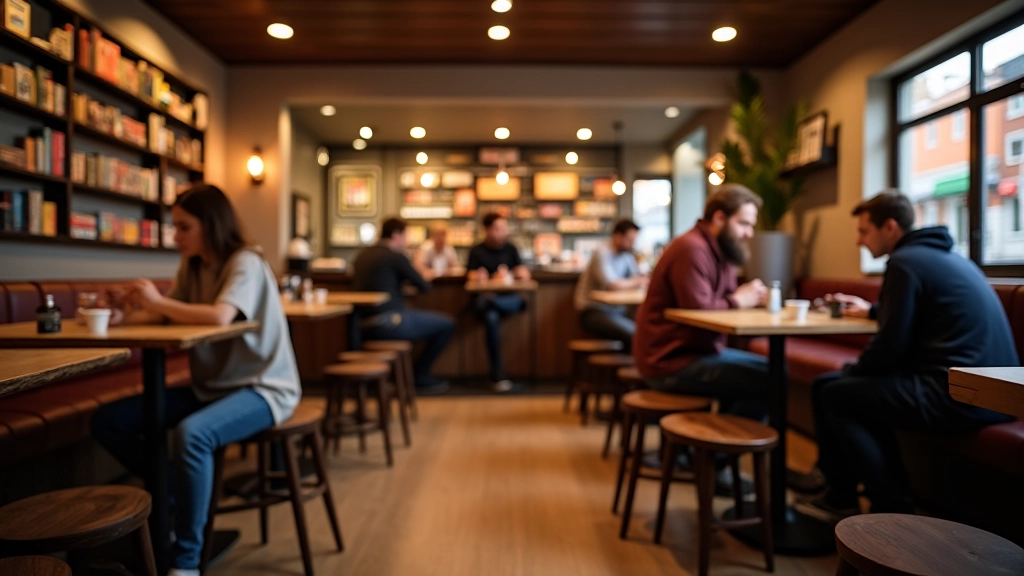 Modern game cafe interior with multiple tables, comfortable seating, and shelves of board games visible