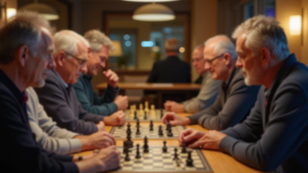 Group of chess players of varying ages gathered in a modern club room with chess tables and comfortable seating