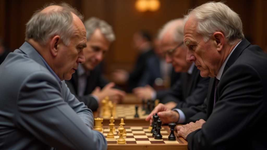 Experienced chess players seated at tournament tables with focused expressions during evening play session
