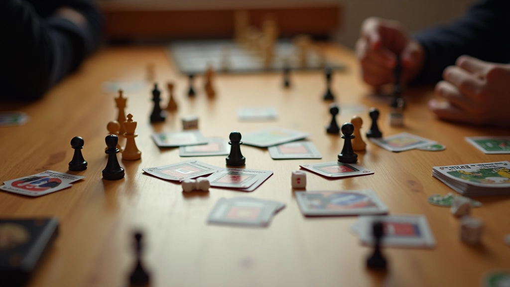 Board games and chess pieces arranged on a table