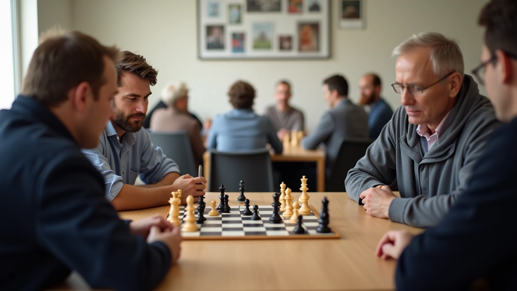 Group of mature adults playing strategy board games around wooden table in modern gaming hall