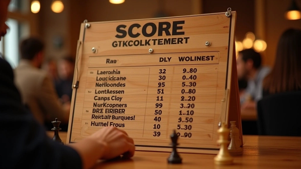 Tournament scorekeeper updating live rankings board on large display showing player names and current ratings